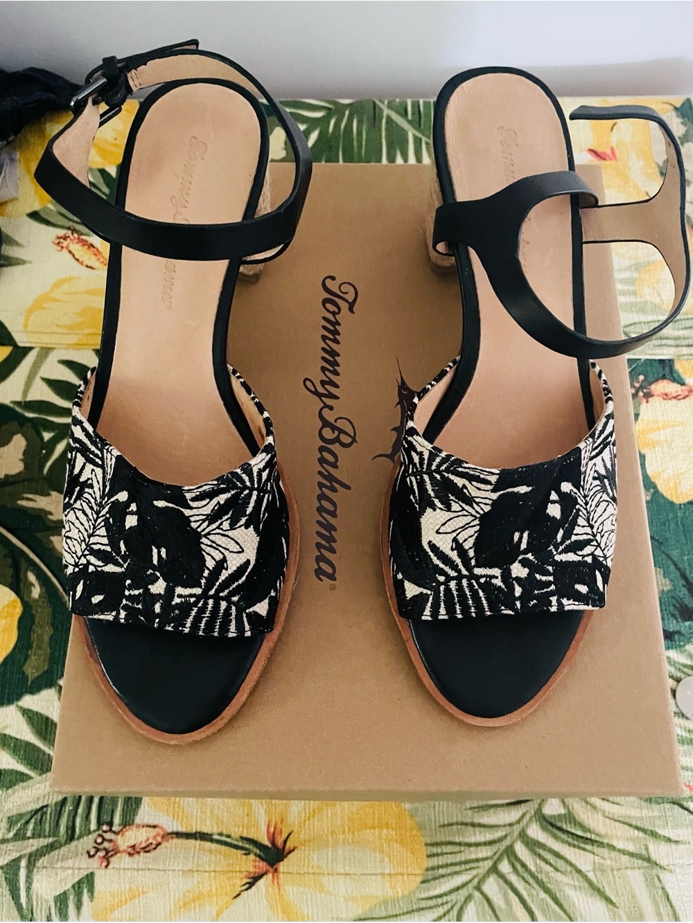 Tommy Bahama Black & Natural Kalani Floral Woven Wedge Sandal